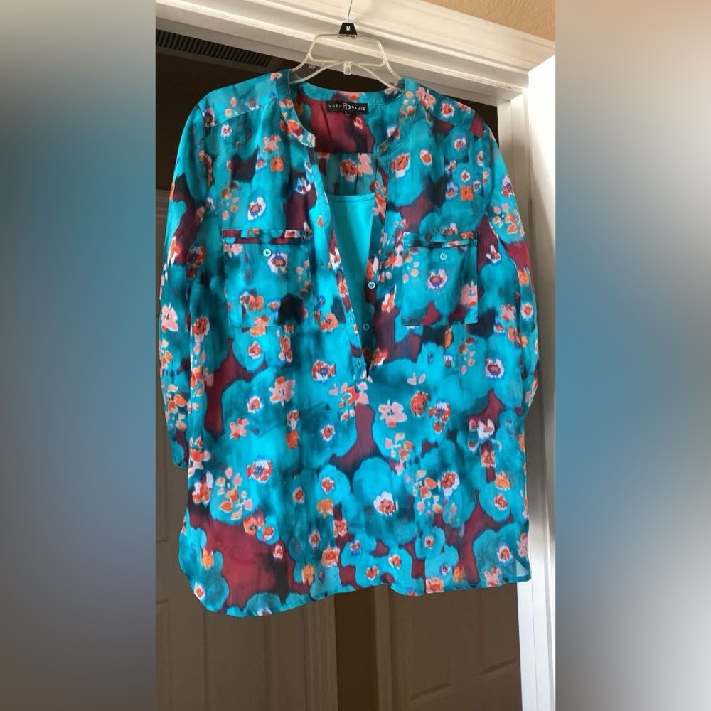 Cato Teal and Burgundy Floral sheer Blouse with tank top under